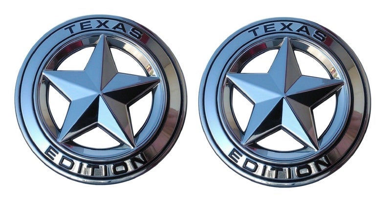 Muzzys (Set of Two) Texas Edition Star Chrome and Black Round 3" Shield Emblem Universal Stick On FITS Tundra, Tacoma, F150, Silverado, Titan, Hood, Tailgate, Grille, Fender - Image 1